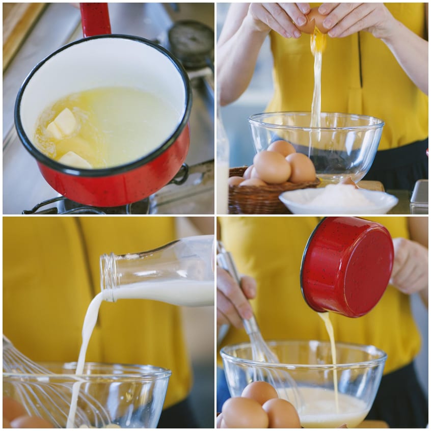Preparazione dell'impasto base delle crepes: burro fuso, latte e uova
