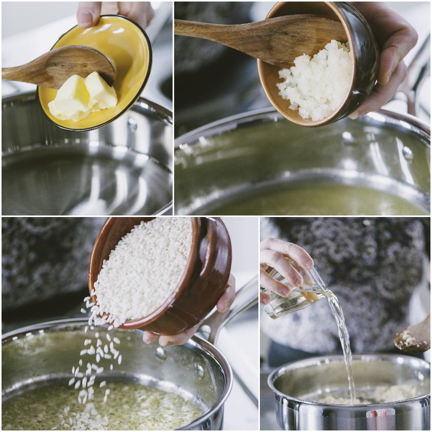 Preparazione del risotto alla milanese: soffritto e tostatura del riso