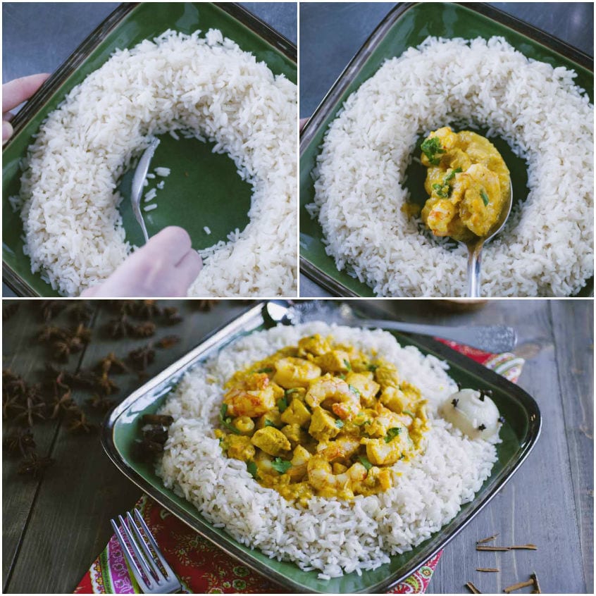 Pollo e gamberi al curry con riso pilaf