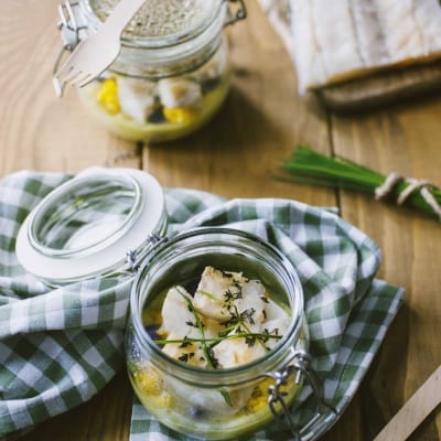 Stoccafisso in vasoottura con vellutata di porri e cavolfiore