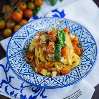 Tagliatelle senza glutine con spada e melanzana affumicata