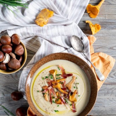 Crema di castagne finferli e speck pronta da gustare