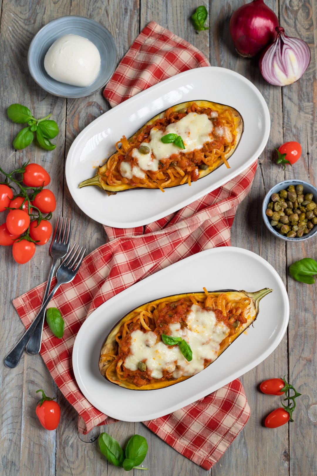 Melanzane ripiene di linguine e fior di latte