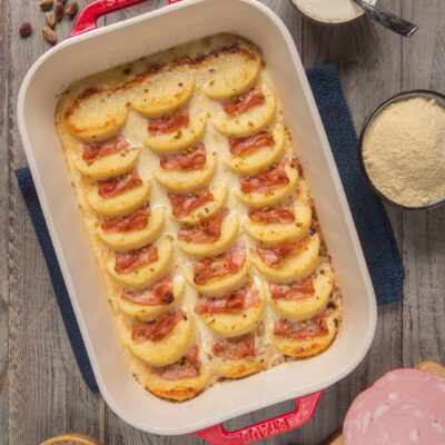 Gnocchi alla romana pasticciati in teglia con mortadella