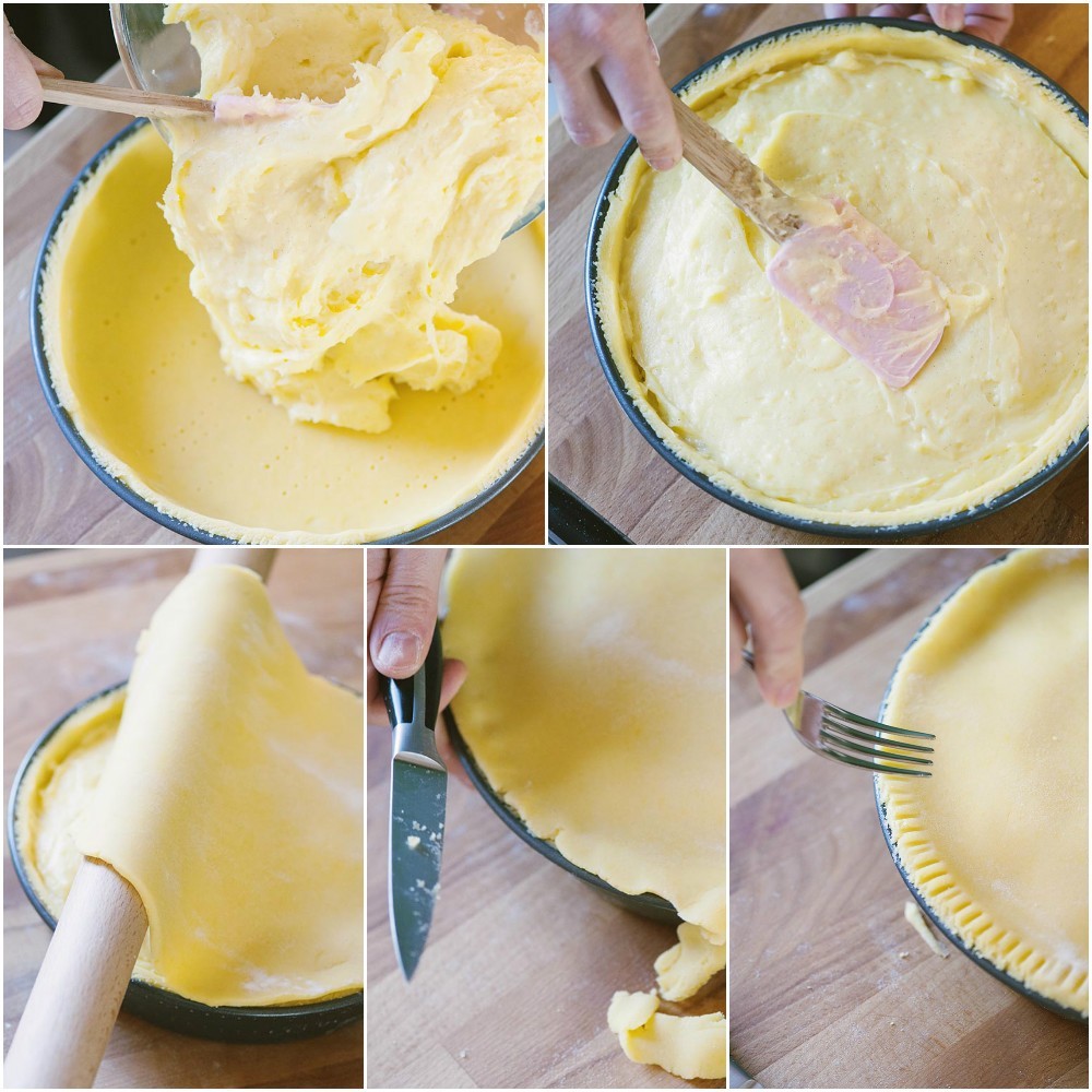 farcitura della torta con crema pasticcera e copertura della superficie