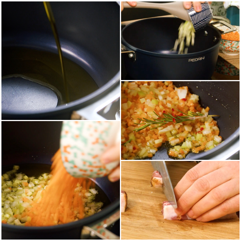 preparazione del soffritto pasta, patate e provola