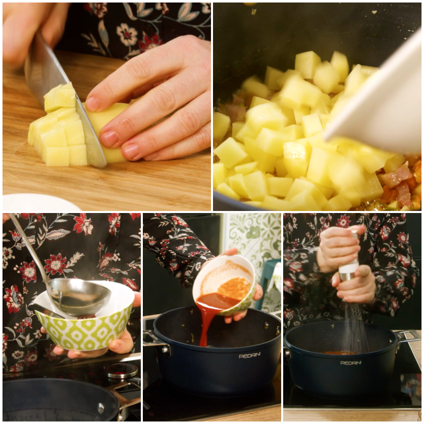 taglio delle patate e aggiunta concentrato pasta, patate e provola