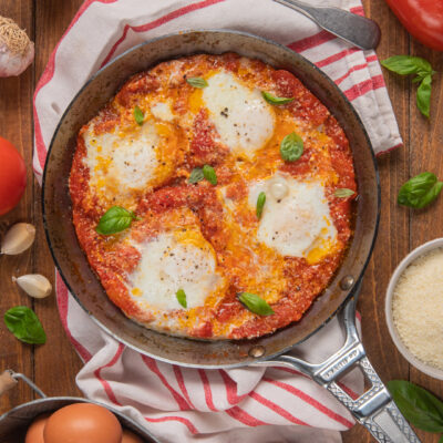 Un modo originale per cucinare le uova, secondo una ricetta tipica campana con pomodoro e basilico