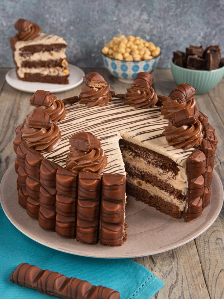 Una torta a strati farcita con una doppia crema alla nocciola e decorata in modo scenografico e originale