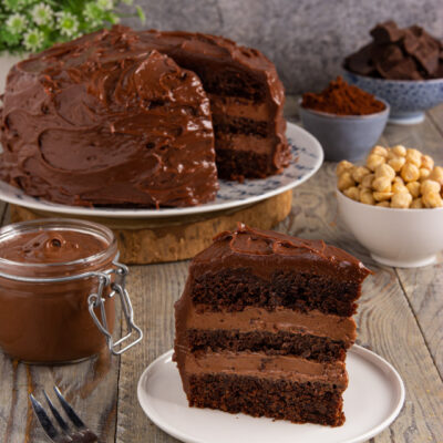 Un dolce a strati pensato apposta per chi ama il cioccolato: tre dischi di torta al cacao farciti con deliziosa crema spalmabile alle nocciole con panna e mascarpone e una copertura anch'essa di cioccolato